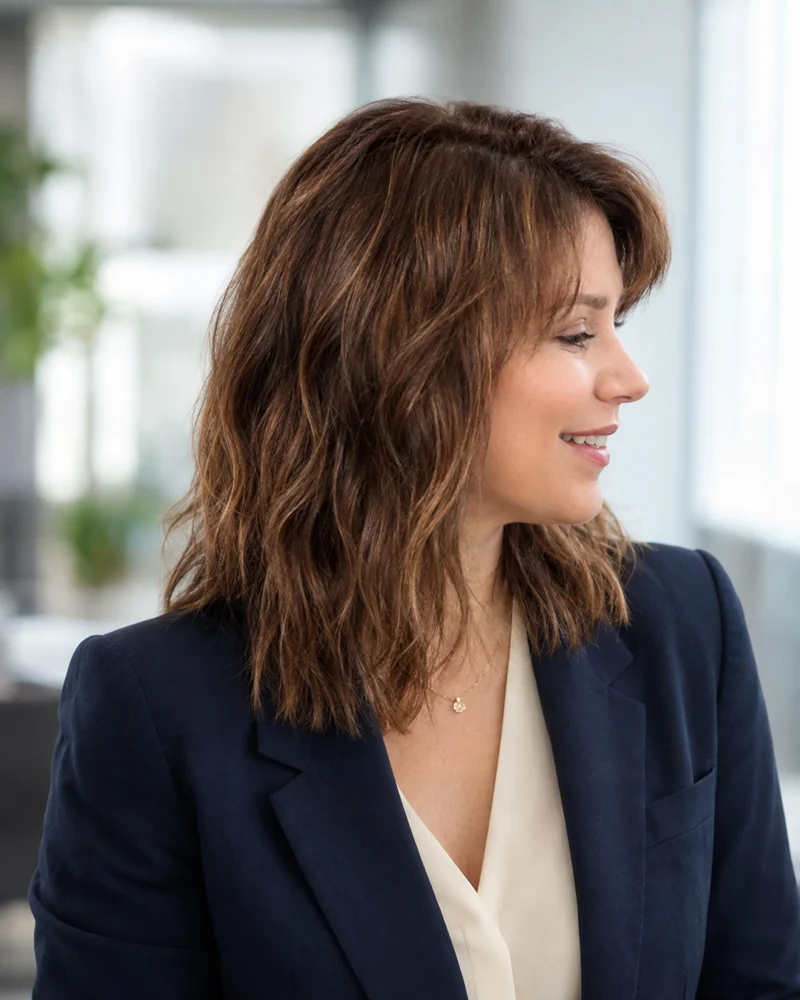Elle, founder of Ellachka, in a navy business suit